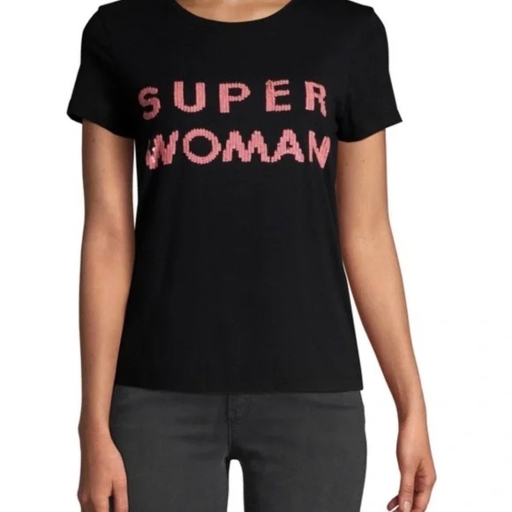 Alice + Olivia Black and Pink Sequined Super Woman Tee